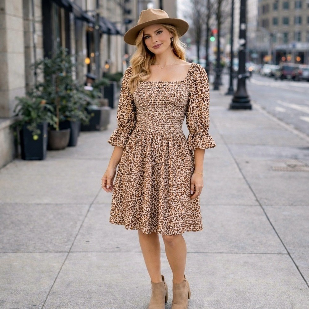 Ivy City Co. Leopard Smocked Midi Dress Small Western Prairie Cottagecore